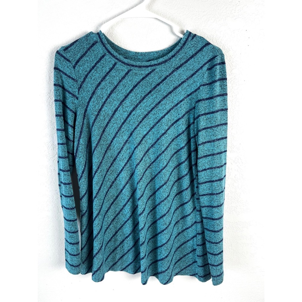 Nic + Zoe Teal Navy‎ Lightweight Sweater Top Size Medium Diagonal Stripes